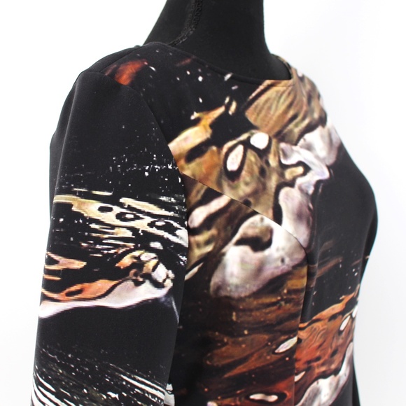 Carolina Herrera Black Abstract Print Short Sleeve Scuba Midi Dress 4 - Picture 2 of 8
